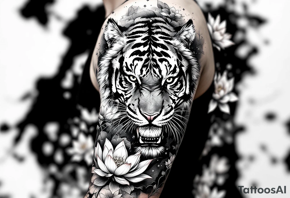 fierce tiger emerging through blooming lotus flowers in mist tattoo idea