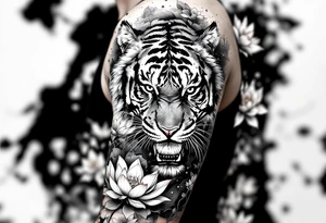 fierce tiger emerging through blooming lotus flowers in mist tattoo idea