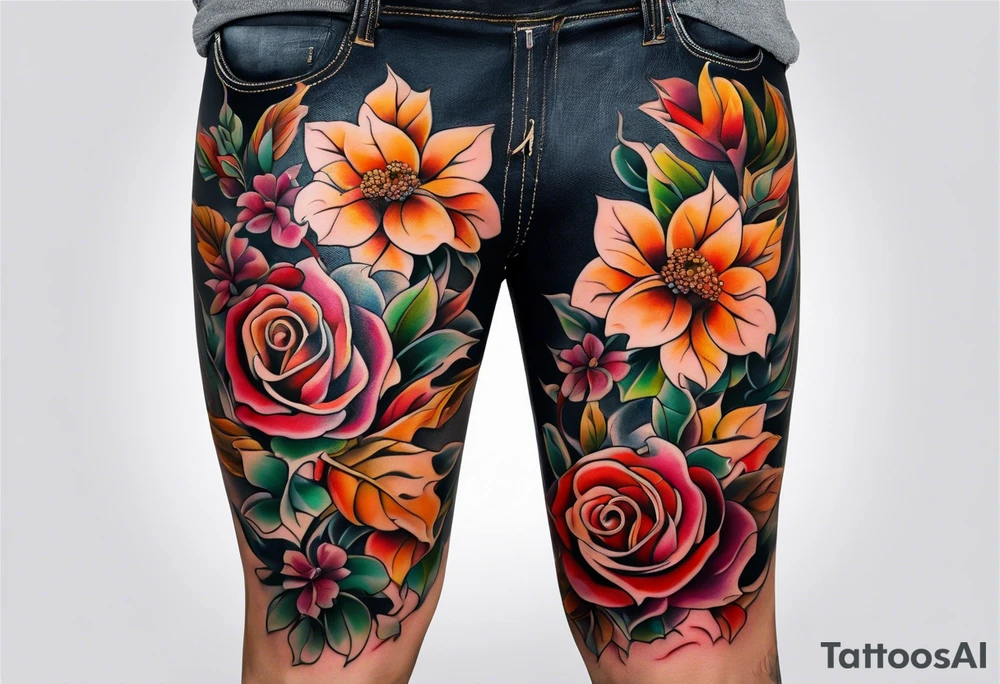 Front knee tattoo with fall colors, small flowers, rose, leaves, water flow and background tattoo idea