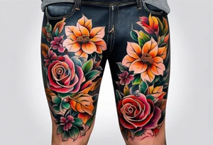 Front knee tattoo with fall colors, small flowers, rose, leaves, water flow and background tattoo idea