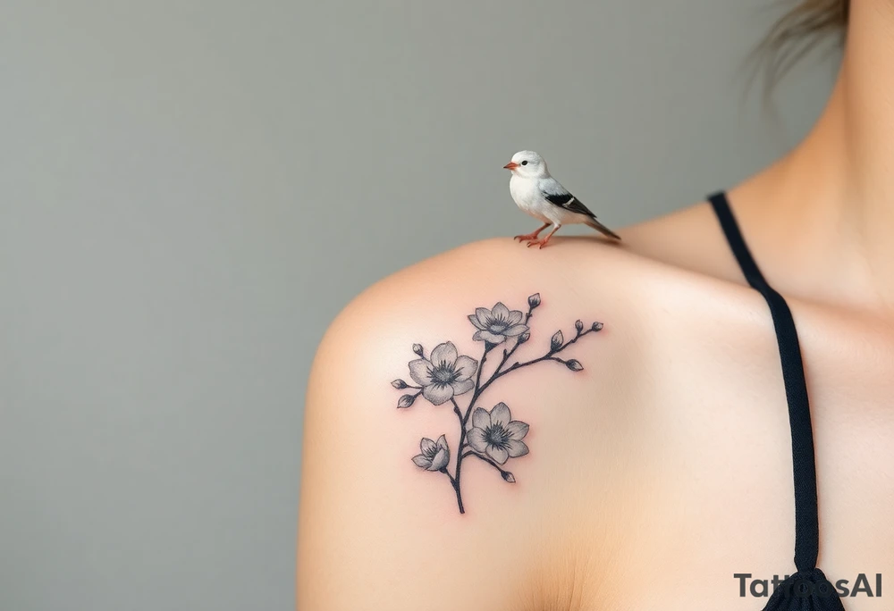 The white plum blossom sparrow standing on top with appropriate white space is artistic tattoo idea