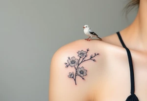 The white plum blossom sparrow standing on top with appropriate white space is artistic tattoo idea