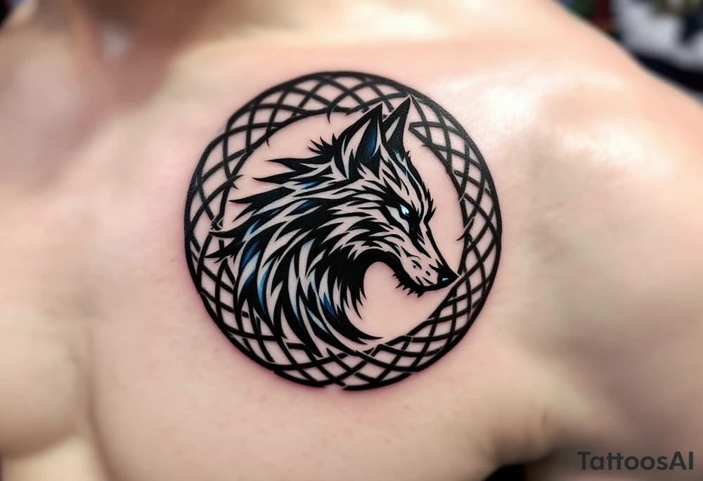 Celtic Wolf Spiral Design – A circular spiral made of a wolf’s body formed from black knot lines, interwoven with hints of blue and silver. tattoo idea