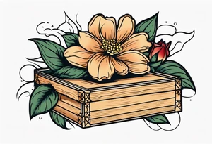 An sailor Jerry style tattoo of a vintage cigar box with one lit cigar and one flower on top tattoo idea