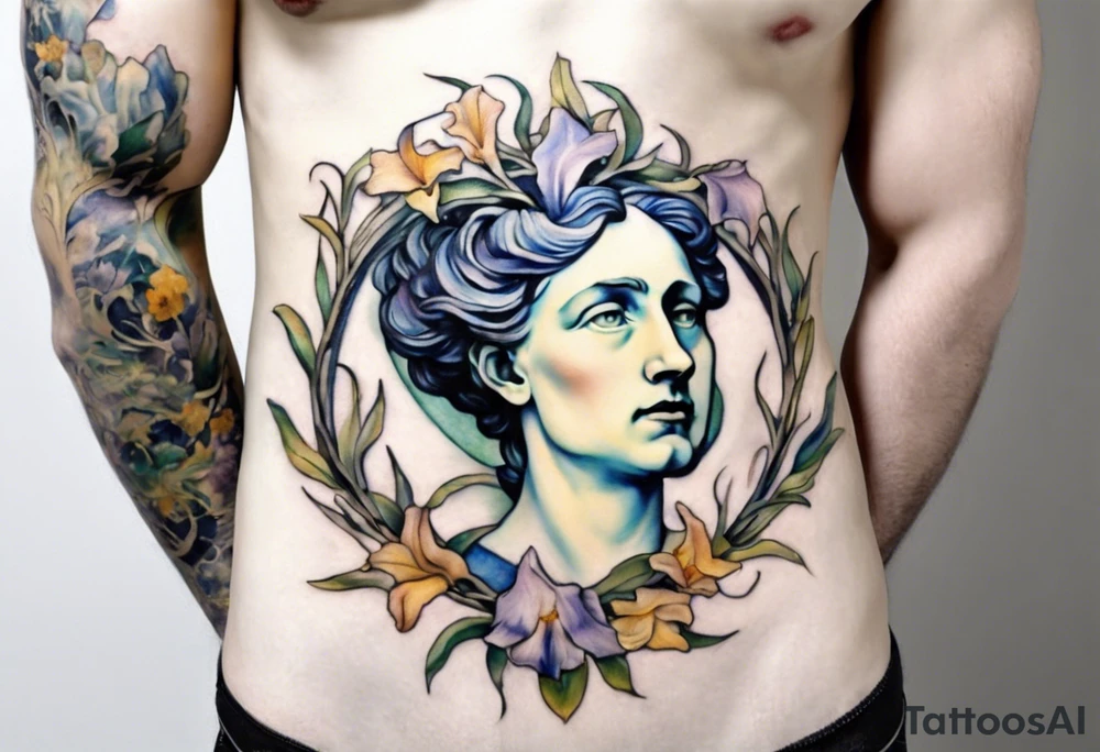 Create a colorful Vincent van Gogh Irises tattoo with an ancient Greek female statue in the middle in white marble. The tattoo should take the form of a crescent, with vines gracefully intertwining at a central point in the middle of the wreath.  The intended placement is on the upper chest. The overall design should be small in size while maintaining a delicate and artistic aesthetic. Pay attention to the graceful flow of the vines and the placement of the irises to achieve a refined and elegant look. tattoo idea