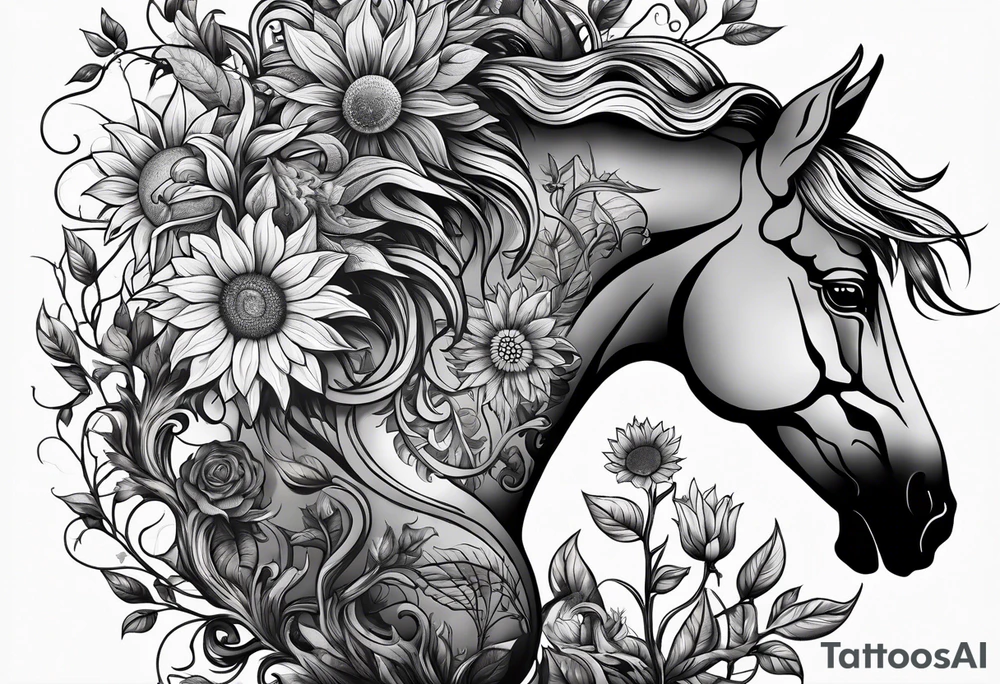 Yggdrasil tree, horse, sunflower tattoo idea