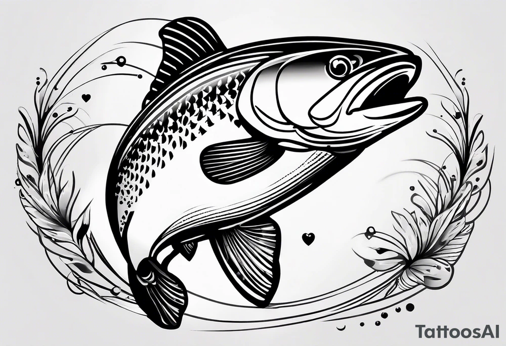A small tattoo featuring a lovestruck trout as the main theme, drawn without lines, using only color combinations. Minimalistic, tatoo, in artistic or geometric design tattoo idea