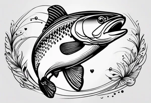 A small tattoo featuring a lovestruck trout as the main theme, drawn without lines, using only color combinations. Minimalistic, tatoo, in artistic or geometric design tattoo idea
