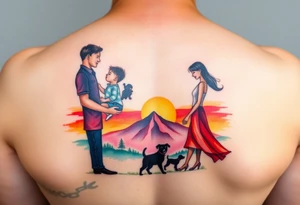 Family 2 parents, 1 baby boy in his mother’s arms, one 3-year girl holding the hand of the father and the mother and one black dog walking through the the sunset and mountains tattoo idea