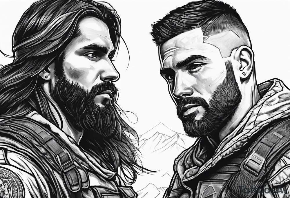 A modern soldier face to face with death with Jesus over the soldier’s shoulder tattoo idea
