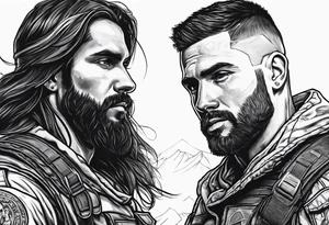A modern soldier face to face with death with Jesus over the soldier’s shoulder tattoo idea