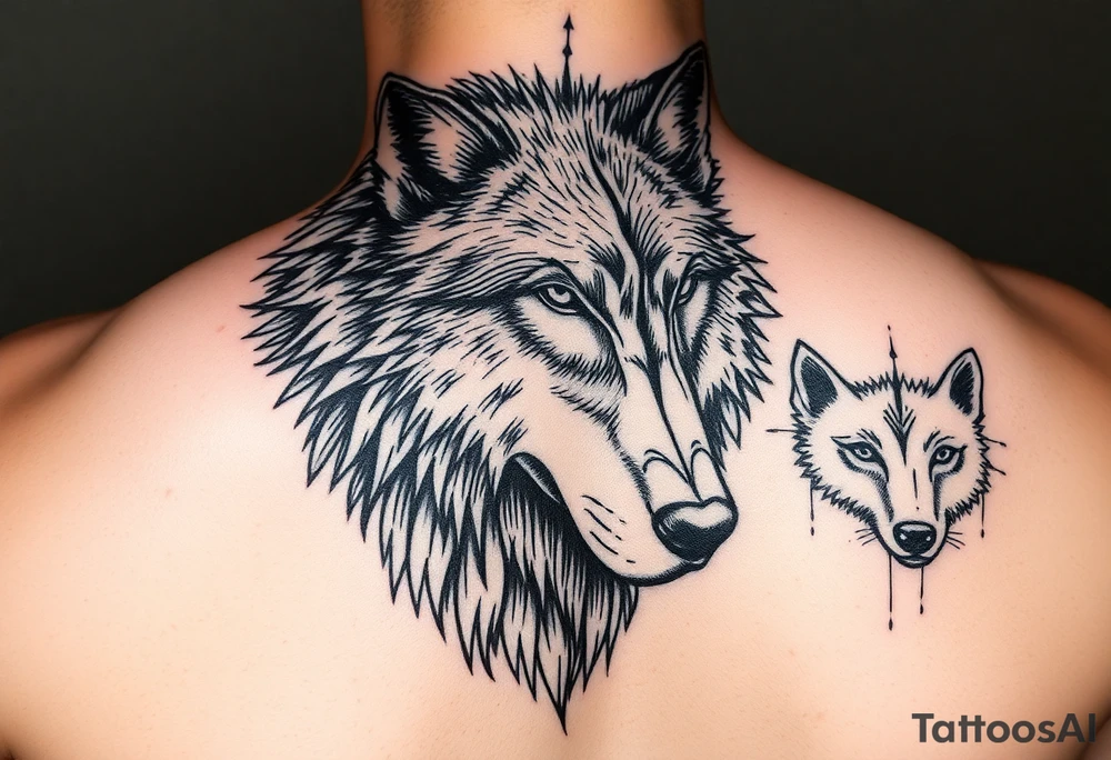 A solitary yet sublime and noble wolf and its progeny. the face tattoo idea