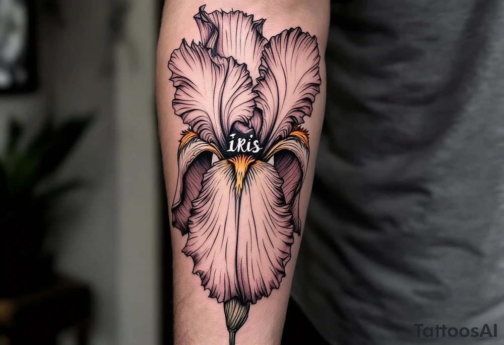 big iris flower with the name “IRIS” written in the stem of the flower in cursive on the outside of the forearm tattoo idea