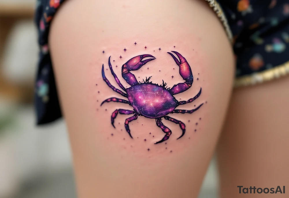 A pale crab silhouette floats within an ethereal pink and violet galaxy containing the Cancer stars constellation above tattoo idea