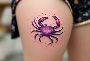 A pale crab silhouette floats within an ethereal pink and violet galaxy containing the Cancer stars constellation above tattoo idea