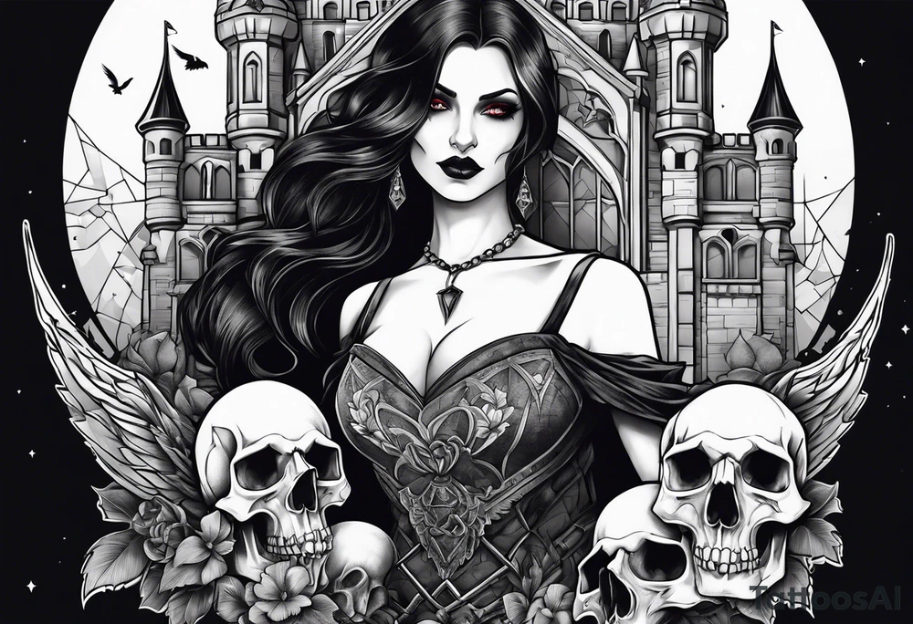 Sexy vampire holding skulls and crow with castle tattoo idea