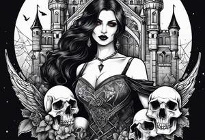 Sexy vampire holding skulls and crow with castle tattoo idea