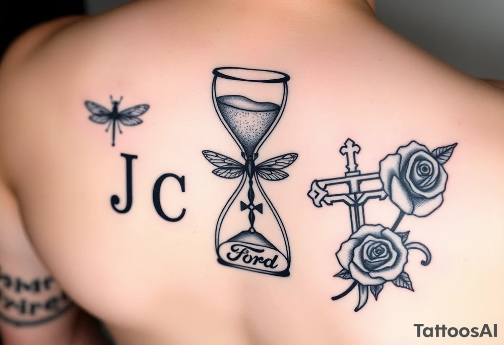 Hourglass with the letters J, A, C in the sand, dragonfly, cross, black rose, and Ford emblem tied into each other tattoo idea