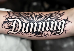 Dunning, Details include on left arm, name in white color,angel wing, wet jungle leaves,cool font, galaxy background filling, tattoo idea