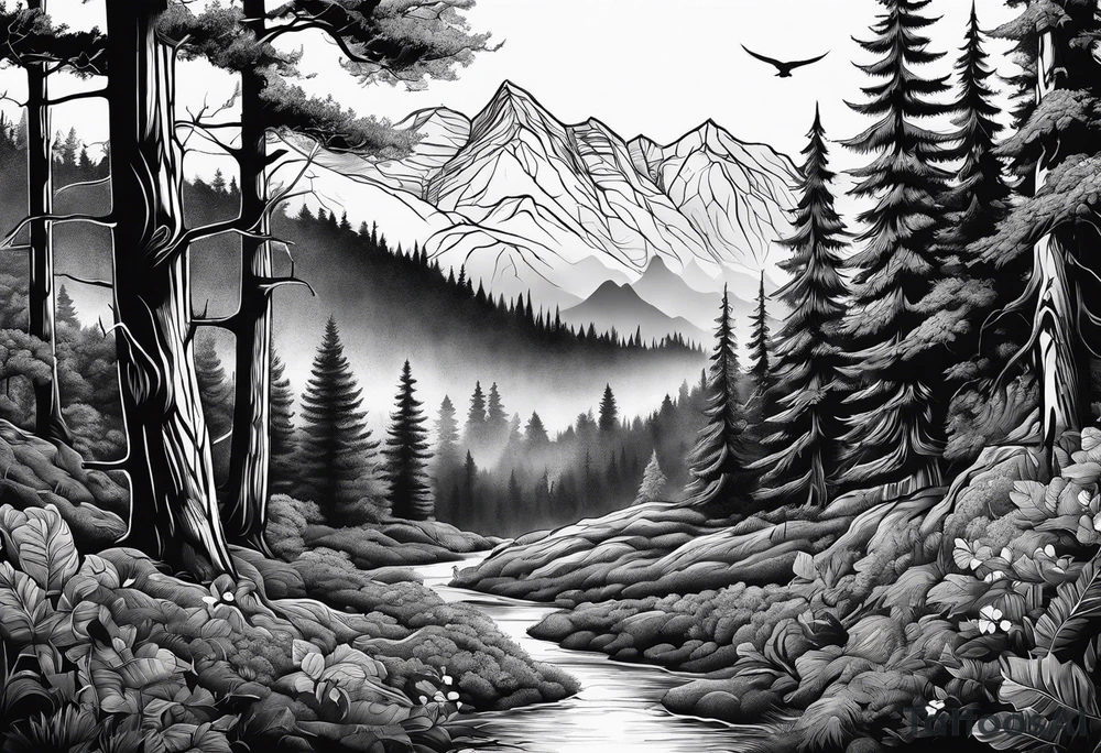 forest with birds and a trail tattoo idea