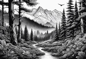 forest with birds and a trail tattoo idea