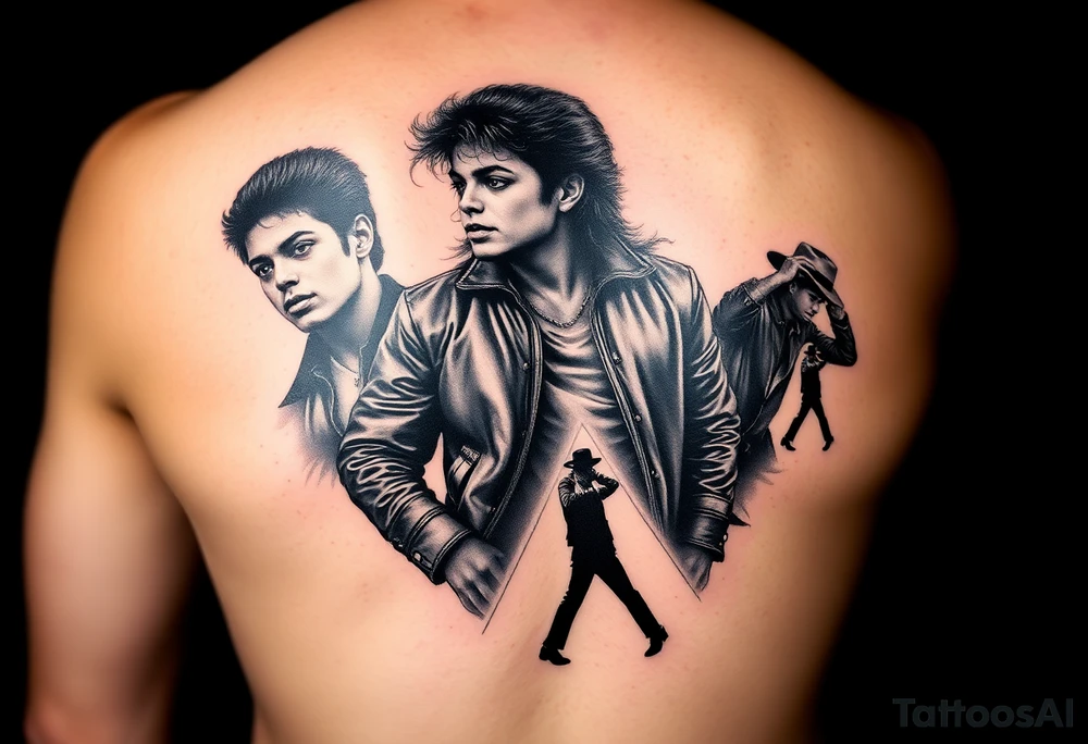 A detailed realism tattoo design for an upper arm sleeve, featuring a collage of Michael Jackson throughout his career. Top features a Thriller-era portrait, middle shows a Dangerous-era portrait with detailed leather jacket textures, and the bottom fades into his iconic silhouette dancing in a spotlight with his fedora hat and glove. Masterpiece, high-contrast black and grey tattoo flash, cinematic lighting, photorealistic, tattoo idea