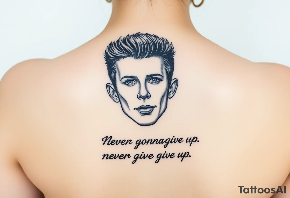 Young Rick Astley Face with Never Gonna Give You Up text tattoo idea