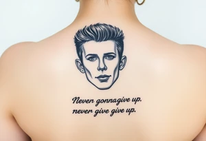 Young Rick Astley Face with Never Gonna Give You Up text tattoo idea