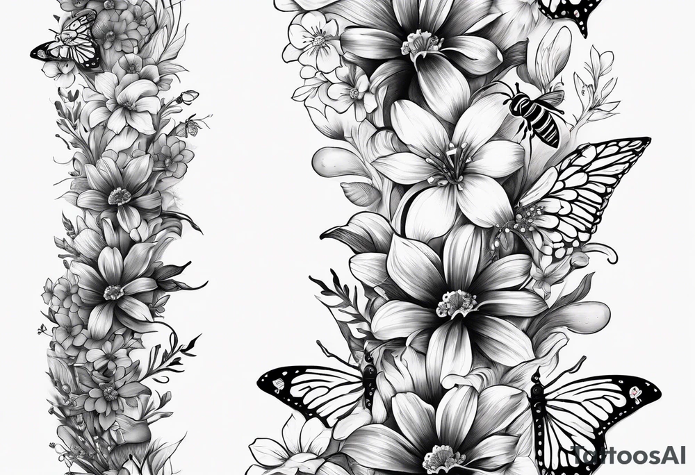 Image of a spine, with small flowers, bees and birds and hearts tattoo idea