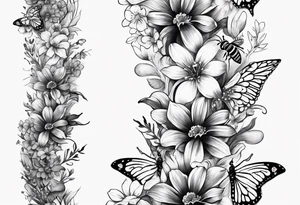 Image of a spine, with small flowers, bees and birds and hearts tattoo idea