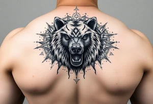 powerful majestic bear, surrounded by interstellar and arcane mage vibes - arm sleeve tattoo idea