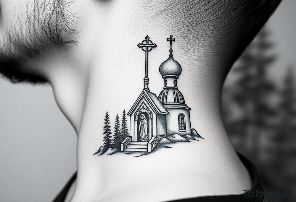 russian design traditional christian orthodox cross with a virgin mary stood beside the entrance of a russian orthodox dome church on the side of the neck in a wilderness setting with the design spread out the side of the neck tattoo idea