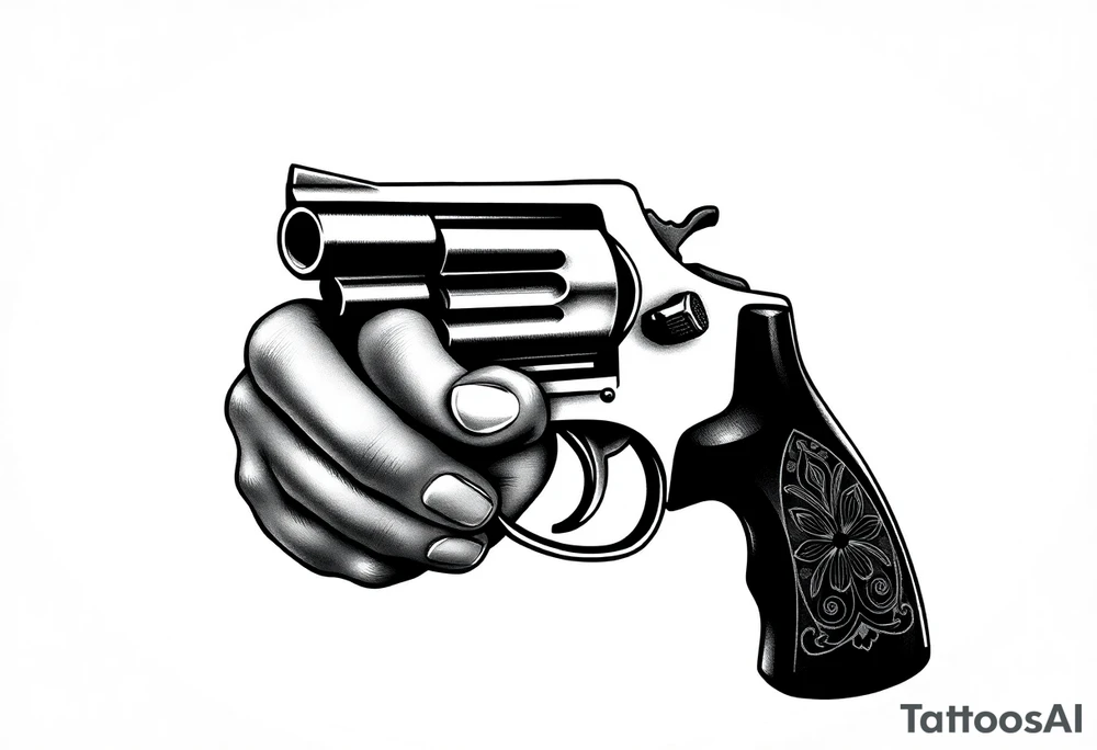 Actual size Revolver .45 caliber elegant but simple art work on gun. With fingers being the barrel and, butt of gun towards wrist. tattoo idea