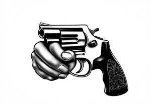 Actual size Revolver .45 caliber elegant but simple art work on gun. With fingers being the barrel and, butt of gun towards wrist. tattoo idea