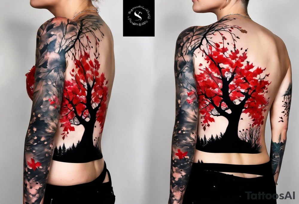 trash polka style. Arm tattoo. chest tattoo. Long tattoo. large tattoo. Full sleeve. Shoulder. A single large maple tree with red autumn leaves that branches upwards from wrist to shoulder. White-throated dipper bird on the trees branches. Calluna flowers at the base of the trees stem. Tree stem has dark colors. Red/yellow sunset behind the trees stem. Leaves falling. tattoo idea