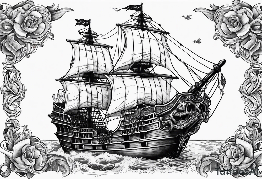 pirate ship with large skull for the bow of the ship being eaten by a kraken tattoo idea