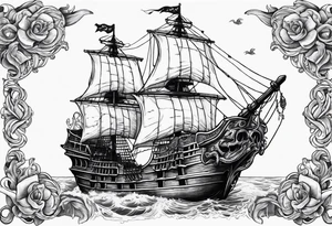 pirate ship with large skull for the bow of the ship being eaten by a kraken tattoo idea