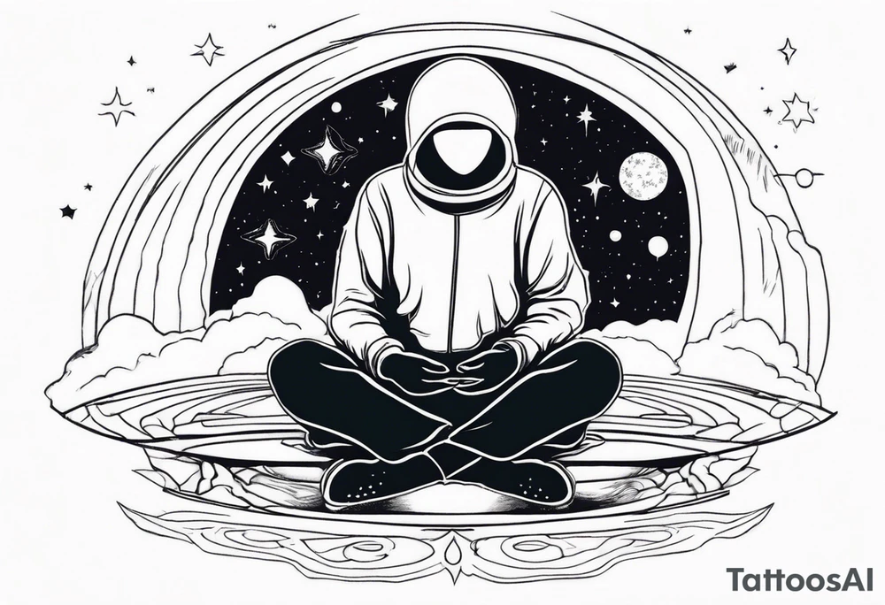 faceless human meditating in space among the stars and blackholes tattoo idea