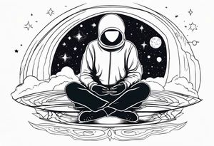 faceless human meditating in space among the stars and blackholes tattoo idea