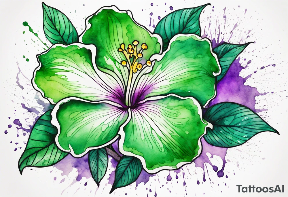 An outline of a green rio dipladenia flower and a green/purple watercolor splash in the background tattoo idea