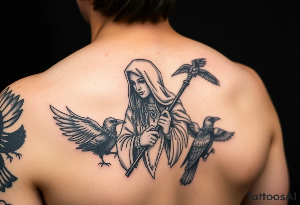 Left arm

Morrigan Celtic  goddess of death is the primary focus of the tattoo

Morrigan is older magical woman with a hood and wooden wand

Powerful dark magic

Multiple crows. 

. Realistic, black and white

Stronger focus on Celtic symbolism

Protector of natural world

Complex level of detail tattoo idea