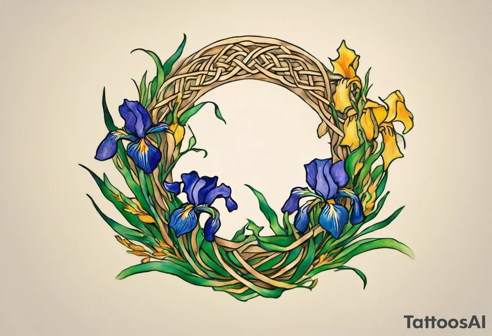Create a small colorful Vincent van Gogh Irises tattoo in the form of a crescent, with vines or Celtic knots gracefully intertwining at a central point in the middle of the wreath.  In the middle of the wreath are mountains and other items found in New Mexico. Ensure that the design avoids the appearance of a bush and maintains a more structured and deliberate arrangement. The intended placement is on the upper chest. The overall design should be small in size while maintaining a delicate and artistic aesthetic. Pay attention to the graceful flow of the vines and the placement of the irises to achieve a refined and elegant look. tattoo idea