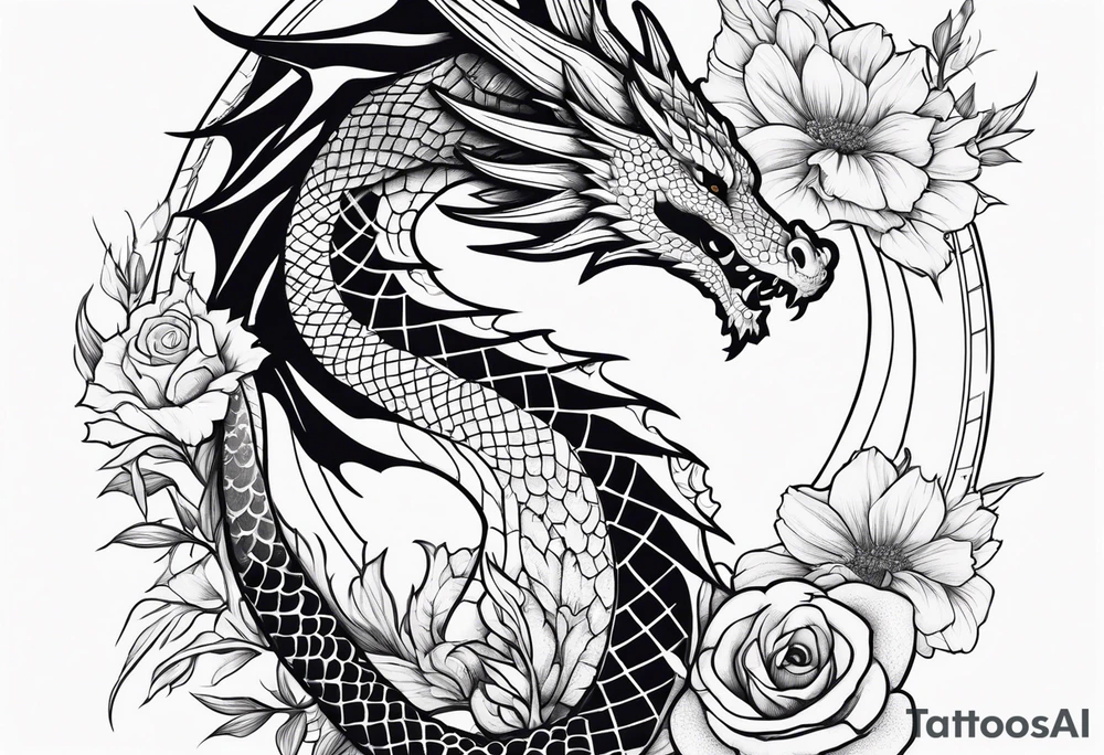 Dragon with September birth flower going up the spine tattoo idea