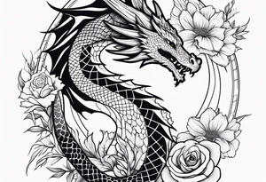 Dragon with September birth flower going up the spine tattoo idea