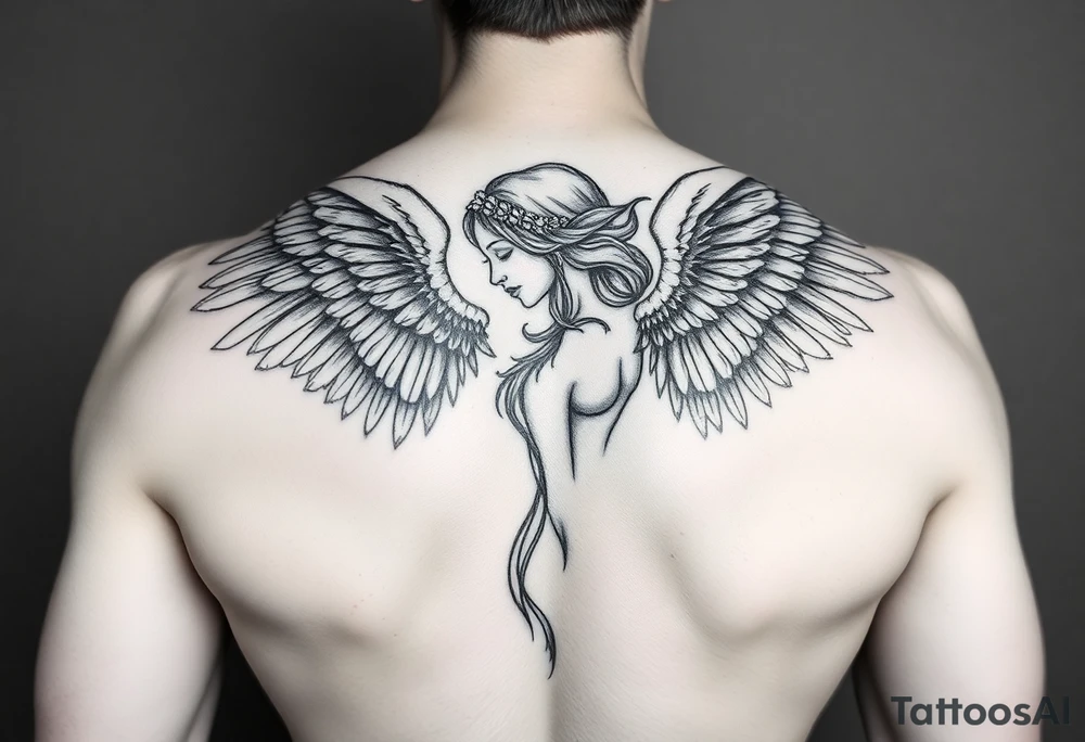 make a tatto of a female angel full body without clothes please. tattoo idea