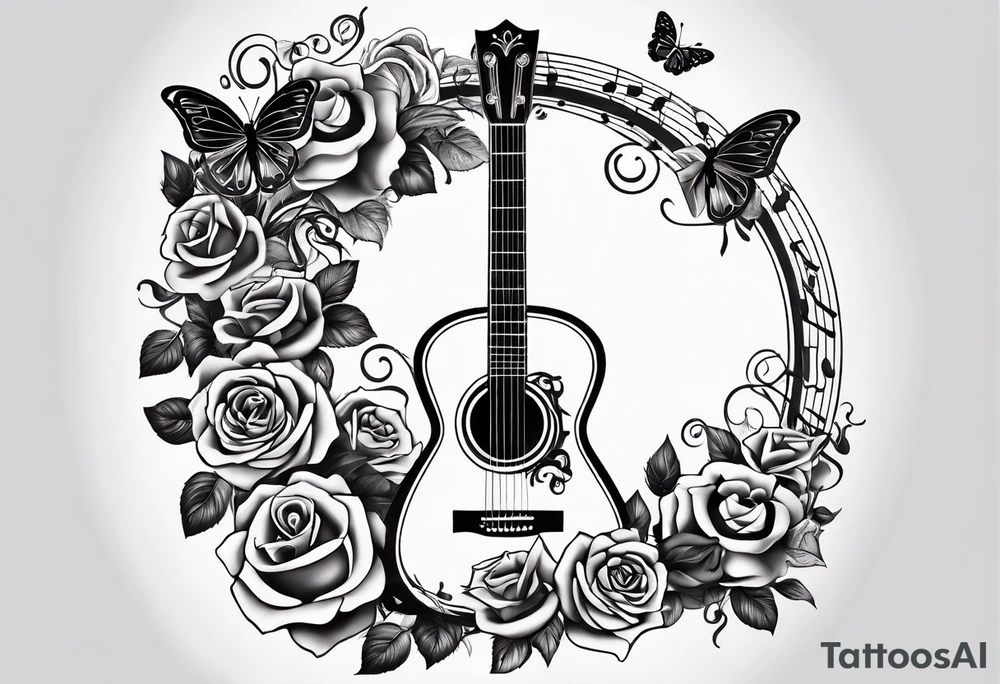 Acoustic guitar treble clef, roses and butterflies on the right side only tattoo idea