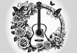 Acoustic guitar treble clef, roses and butterflies on the right side only tattoo idea
