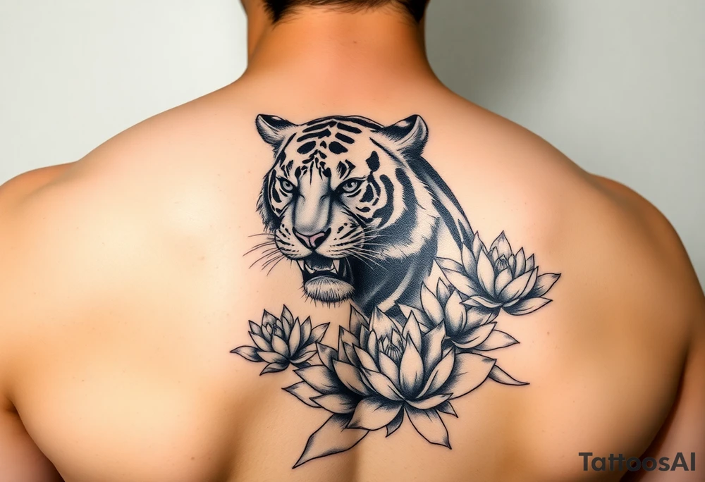 fierce tiger emerging through blooming lotus flowers in mist tattoo idea