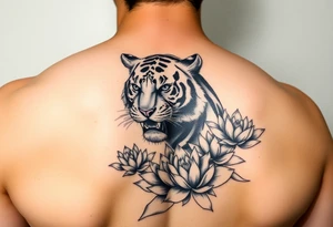 fierce tiger emerging through blooming lotus flowers in mist tattoo idea