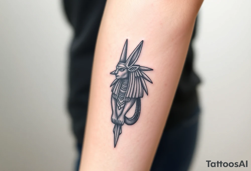Design a tattoo of Anubis, as though it was carved into stone, it should have a sculptural stone like featured with a classic Anubis style tattoo idea
